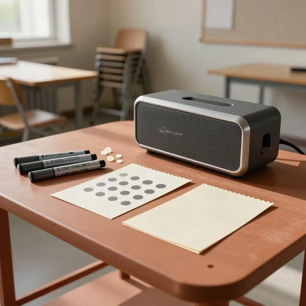 Workshop kit with speaker grille, marker caps, handout cards, and adhesive dots in soft daylight.
