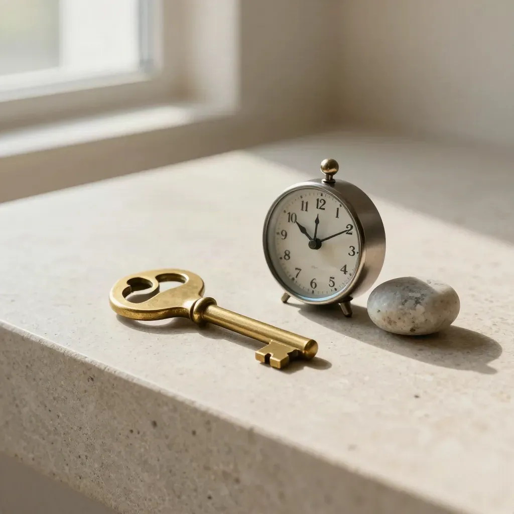 Brass room key, small clock and pebble on stone in soft side light