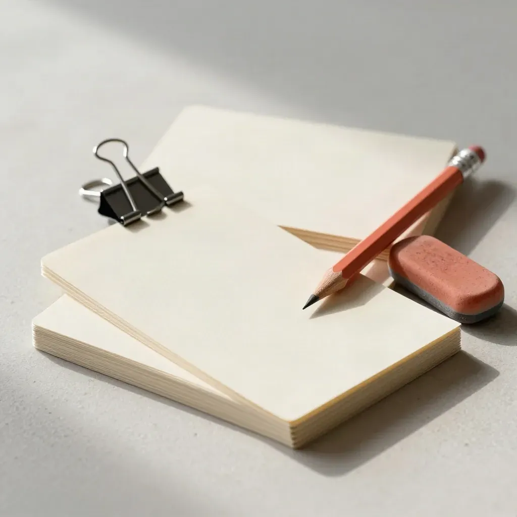 Cue cards, pencil, clip, and eraser arranged for drafting on a pale plaster surface.