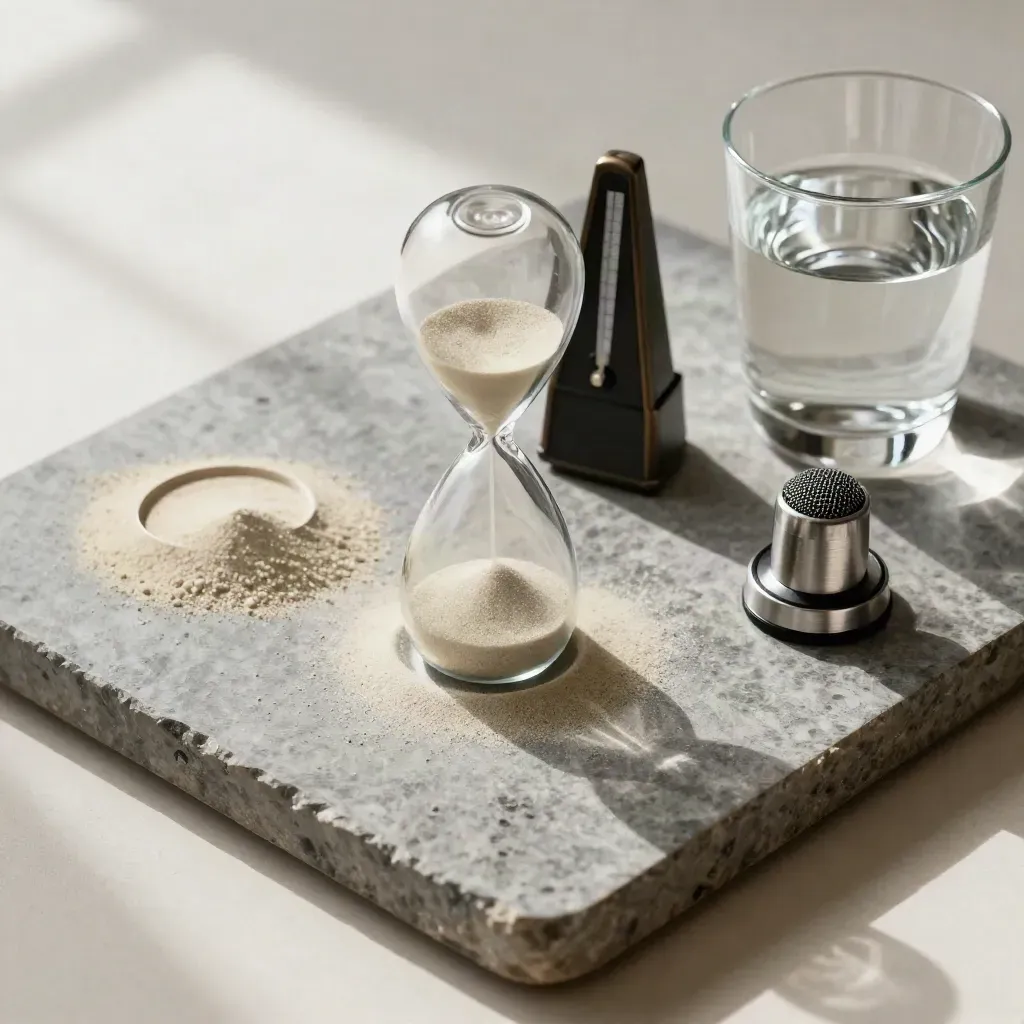 Overhead still life of a sand timer, metronome, mic base, and water glass on pale limestone.