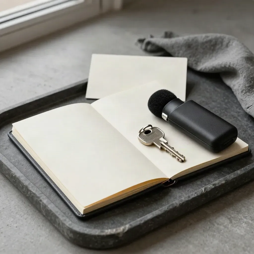 Stone tray still life with folio, notes, lapel mic case and house key on concrete.