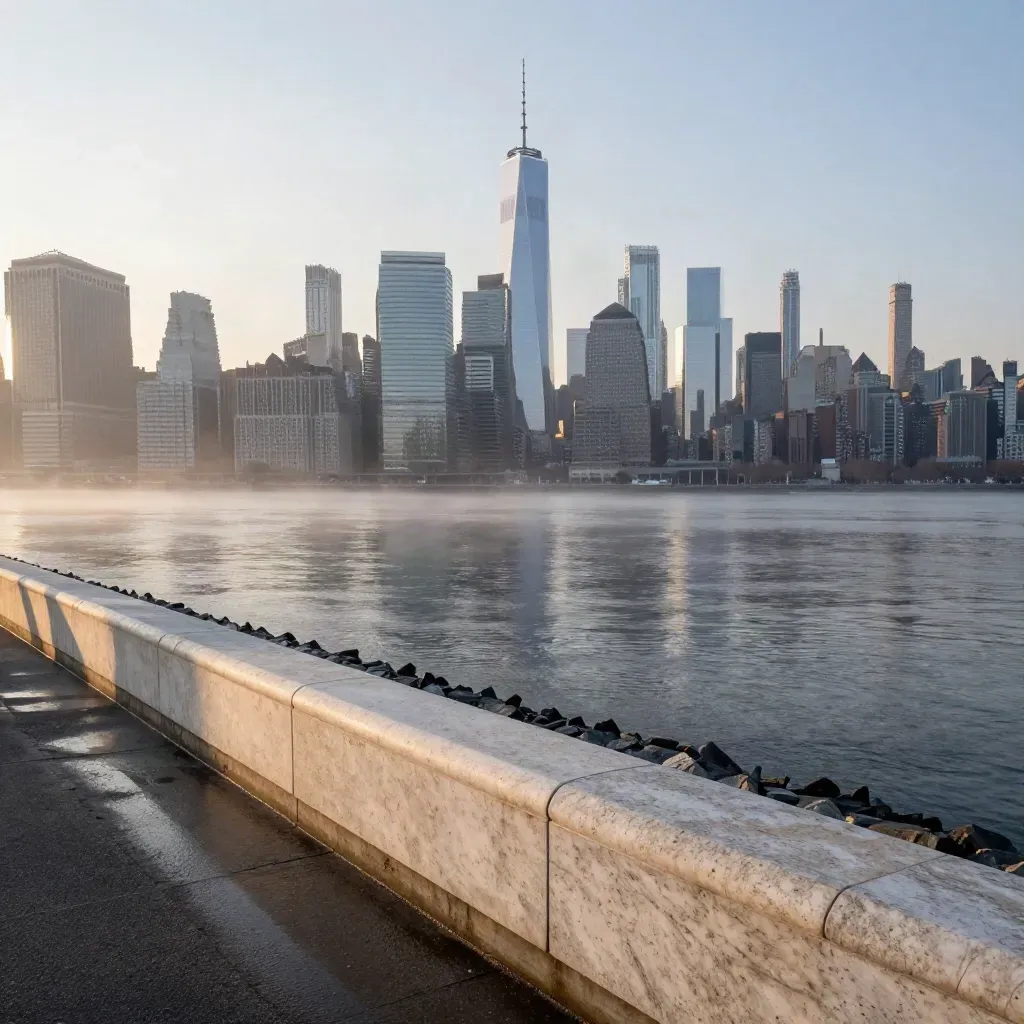 Hazy dawn skyline of Manhattan from Brooklyn waterfront over calm river and stone seawall