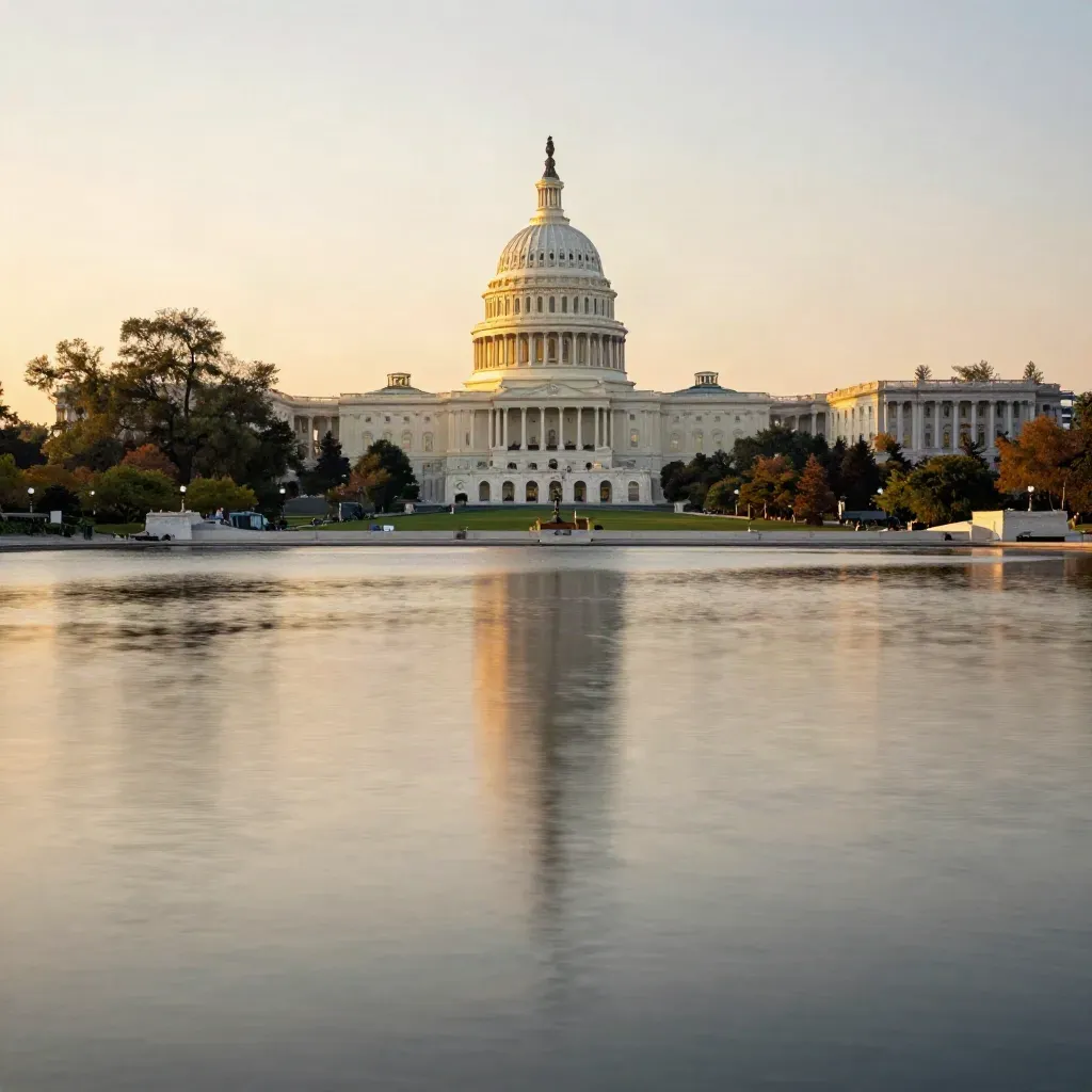 Capitol dome above the Mall at sunset with calm basin, open foreground, and warm haze