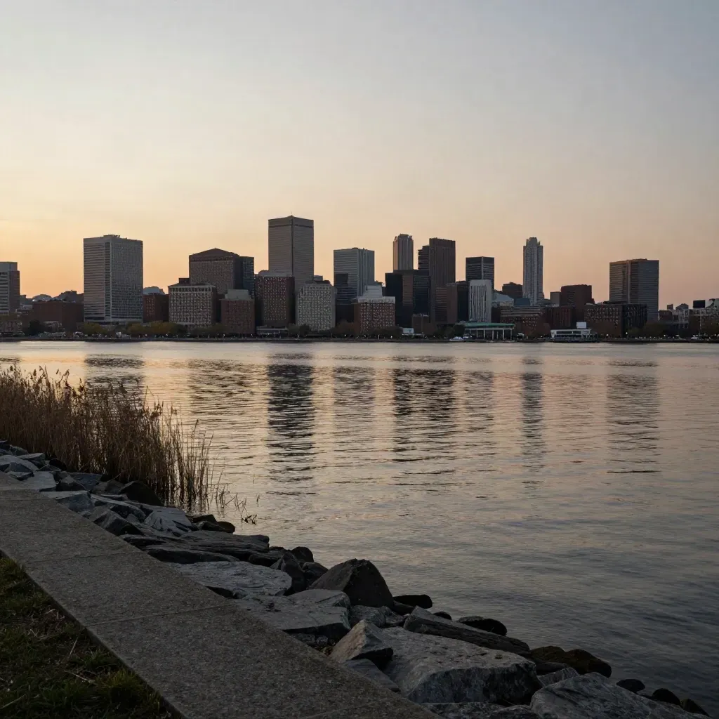 Hazy Boston skyline across the Charles River with calm open water and late-afternoon light