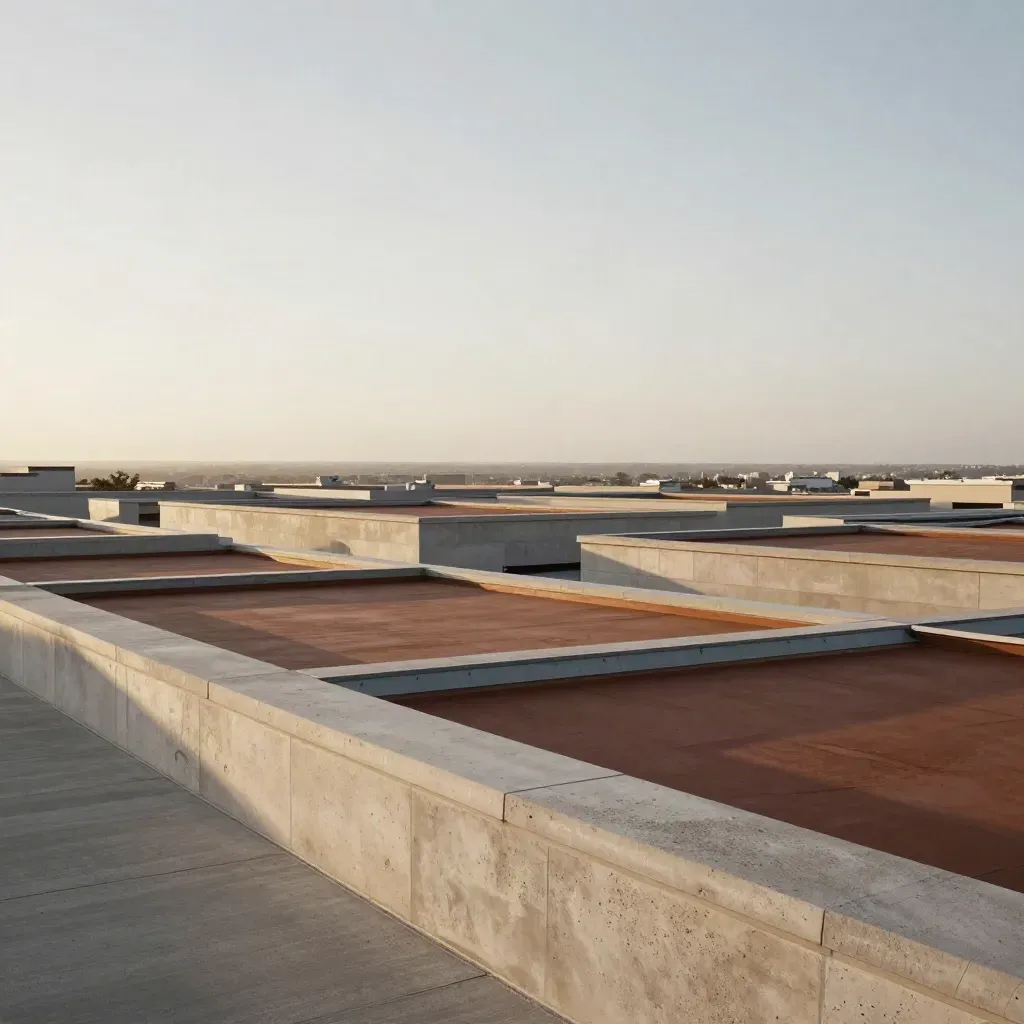 Layered rooftops under a hazy sky with a bright horizon band and empty foreground.