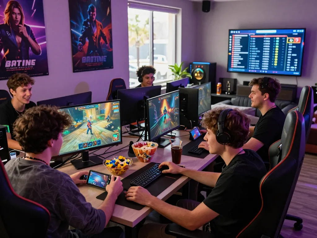 Excited gamers immersed in playing sun win online game with snacks and vibrant RGB lighting.