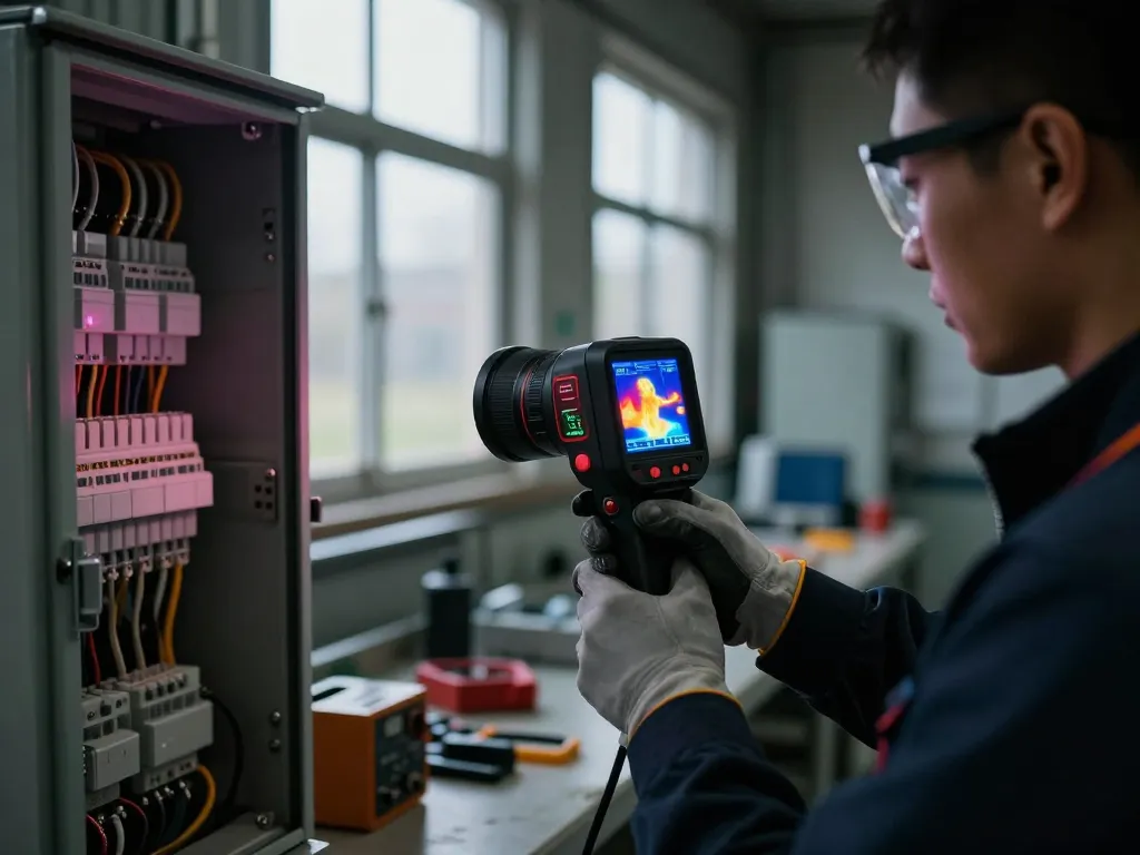 Technician using thermal imaging camera to analyze heat distribution, illustrating how does a thermal imaging camera work.
