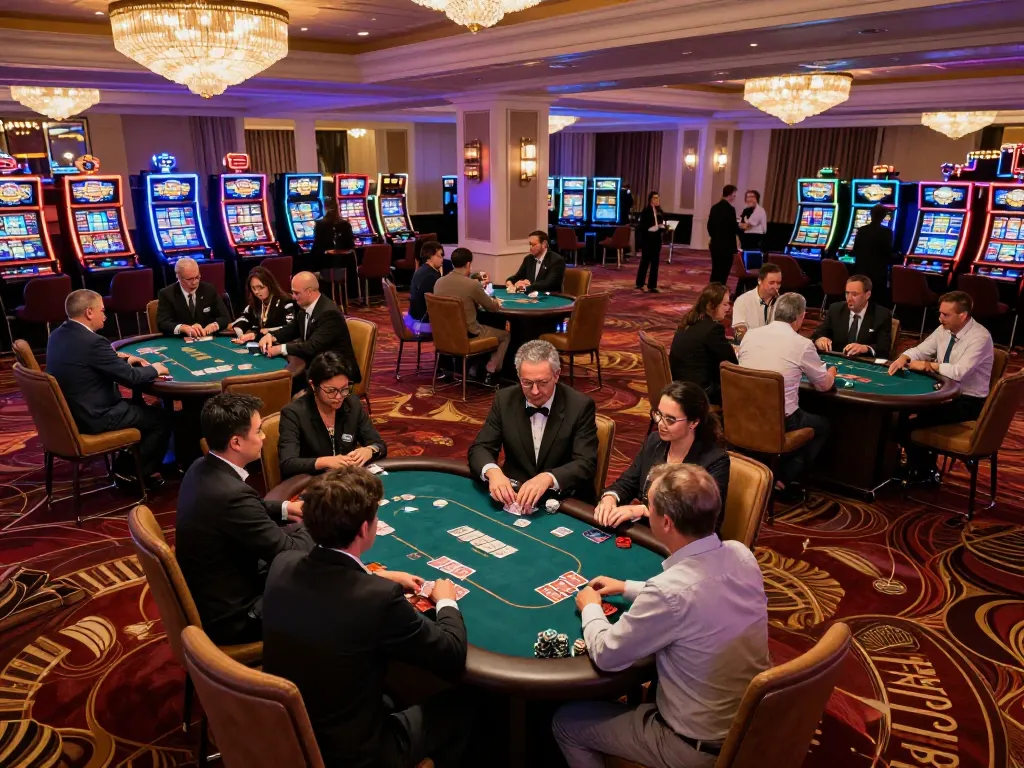 HELLO88 players enjoying a thrilling time at an upscale casino, showcasing strategic poker gameplay.