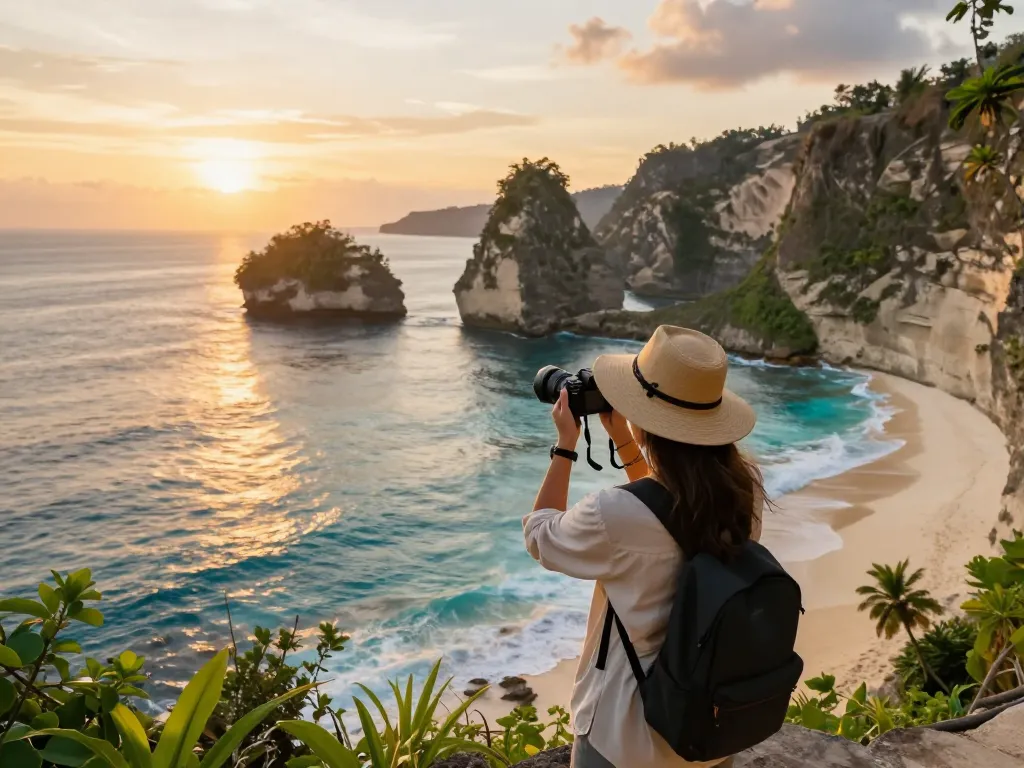 Experience Bali tour packages with scenic views at Kelingking Beach during sunset, capturing natural beauty.