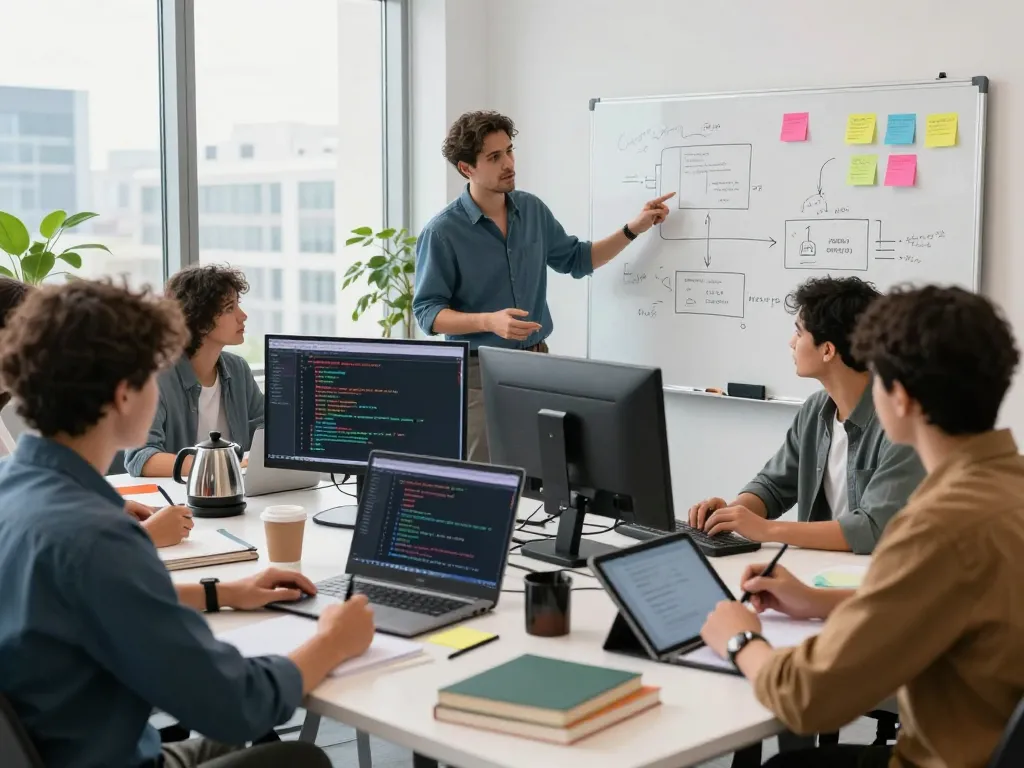 Team collaborating on zero knowledge proof definition in a vibrant tech workspace with code on screens.