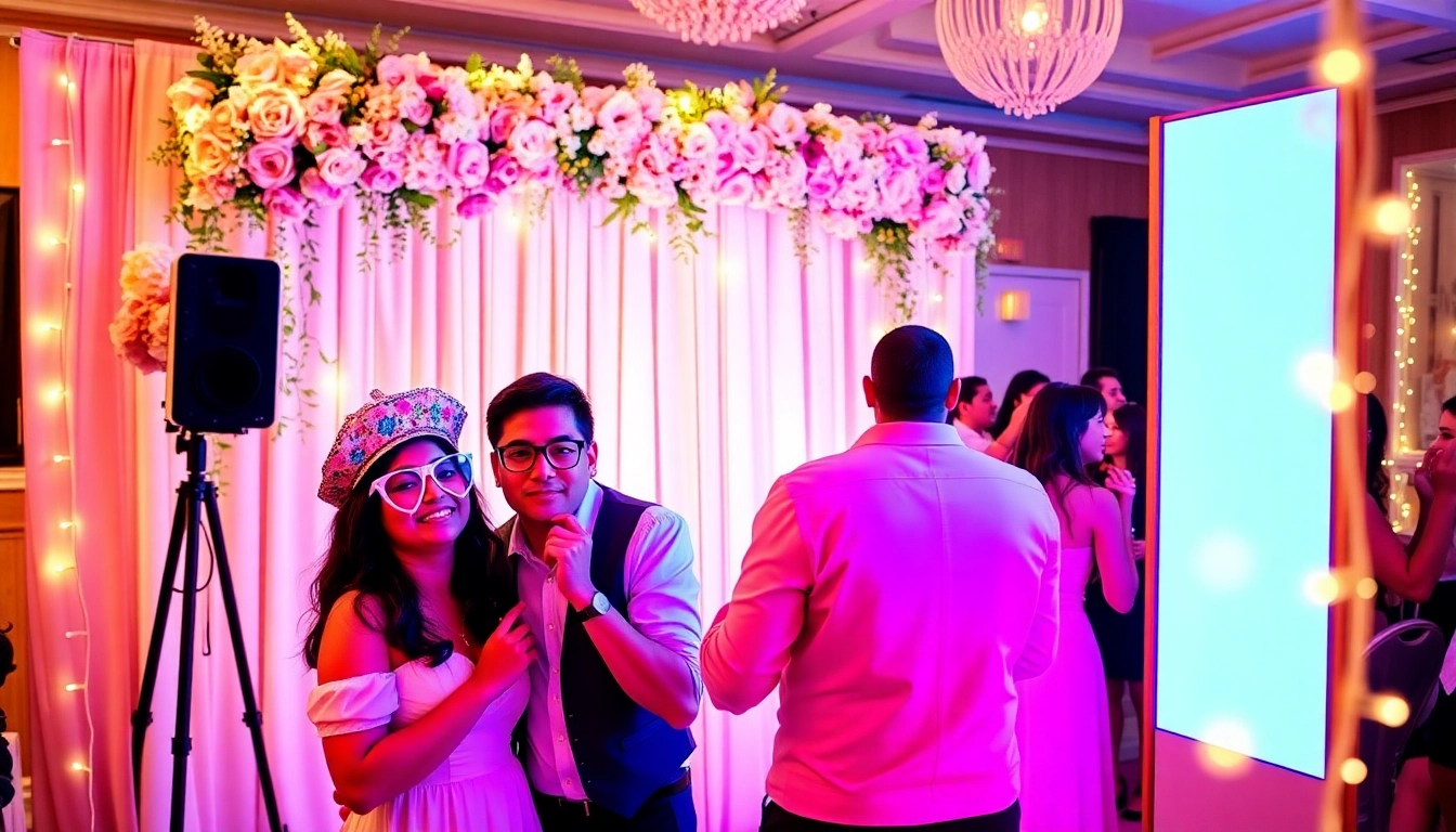 Capture memories with a photo booth rental at a wedding reception, complete with props and a vibrant atmosphere.
