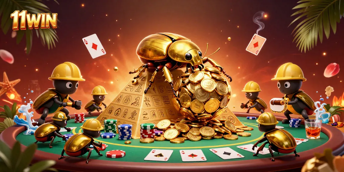 Engaging 11WIN casino scene showcasing a golden dung beetle and poker elements in a vibrant illustration.