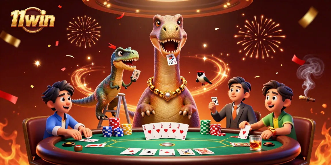 Experience thrilling poker action at 11win with a giant brontosaurus dealer and colorful chips.