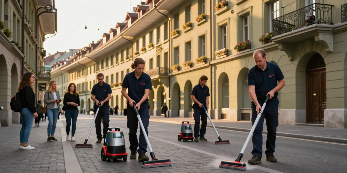 Professional team performs wohnungsabgabe reinigung in Bern with modern equipment, sunlight highlighting the process.