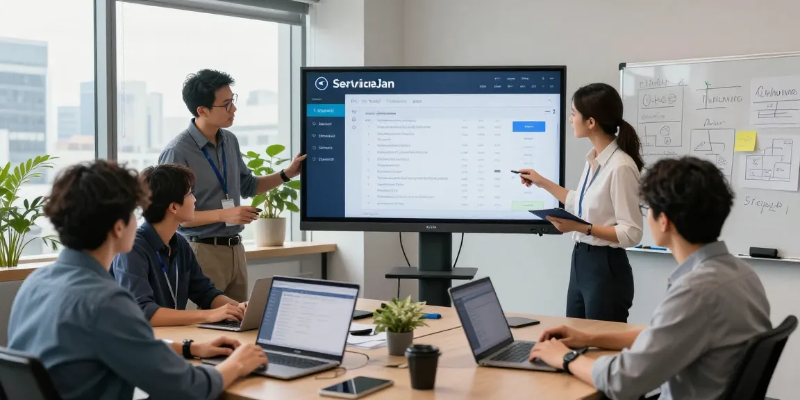 ServiceJan service booking dashboard in a modern office with a team collaborating efficiently.