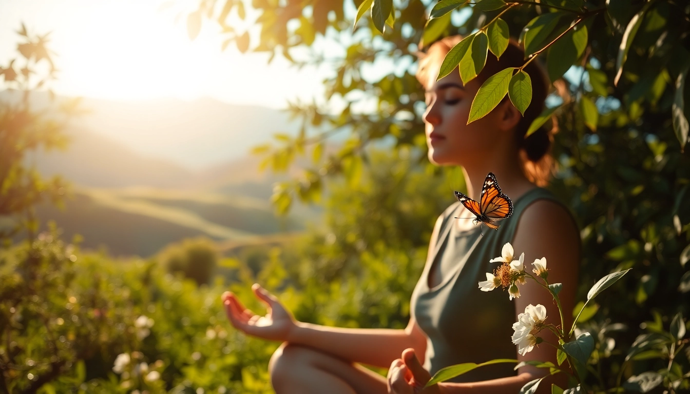 Meditating individual in nature promoting mental wellness and tranquil harmony.