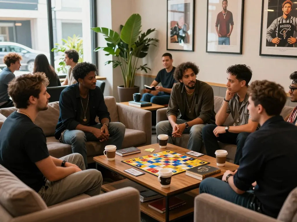 Men engaging in conversations at a supportive man club, fostering connection and community.