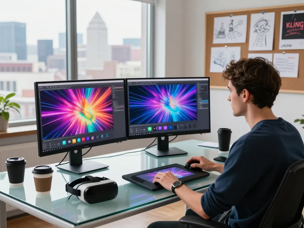 Dynamic tech workspace with a digital artist using Kling motion AI for video creation.