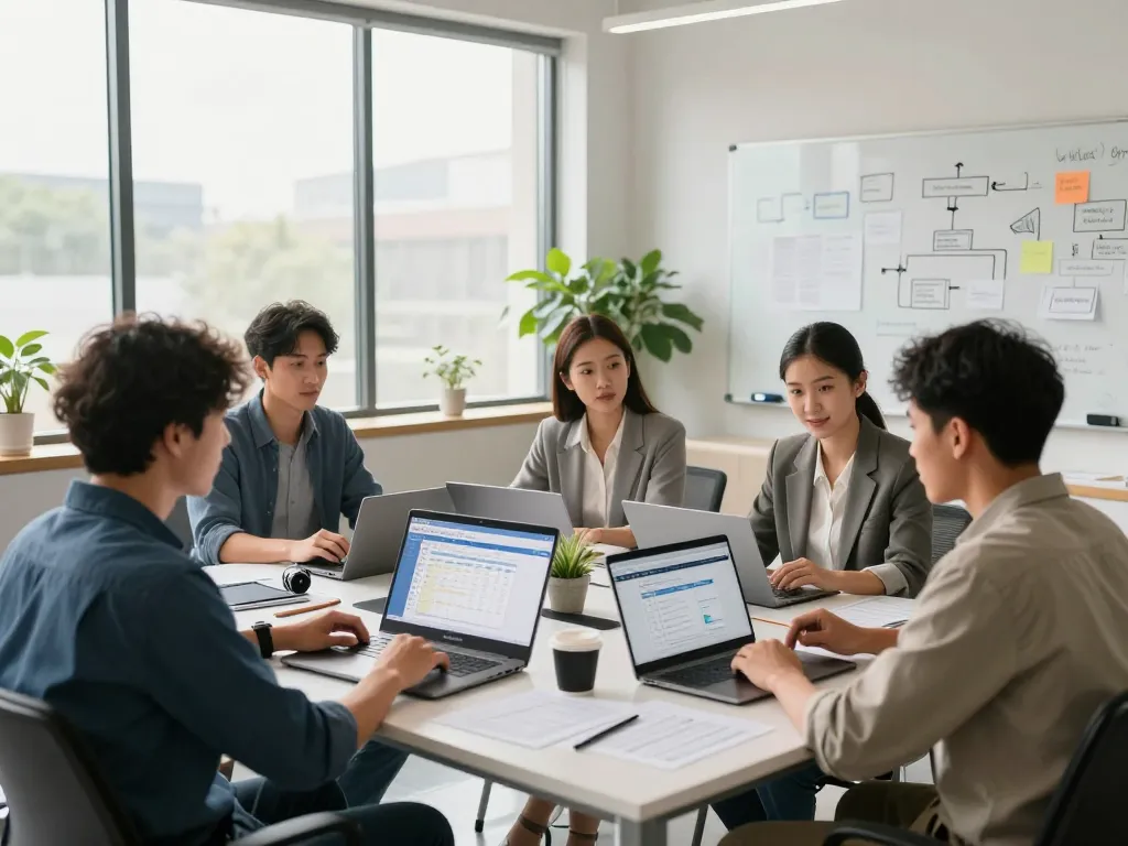 Team collaborating on wps 下载 software in a bright modern office.