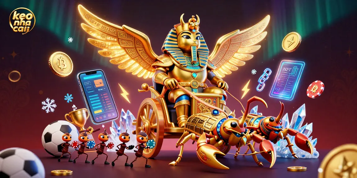 Bettors explore dynamic "keo nha cai" features with a golden beetle chariot racing amidst vibrant sports elements.