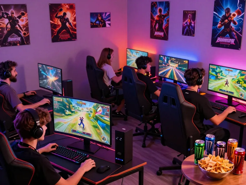 Exciting sun win gaming atmosphere with diverse players engaged in digital games and vibrant setups