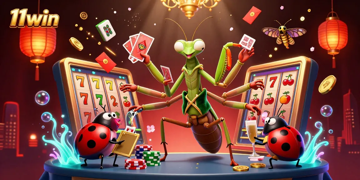 Engage thrilling 11win slots with vibrant 3D visuals of a mantis dealer and ladybug pit boss.