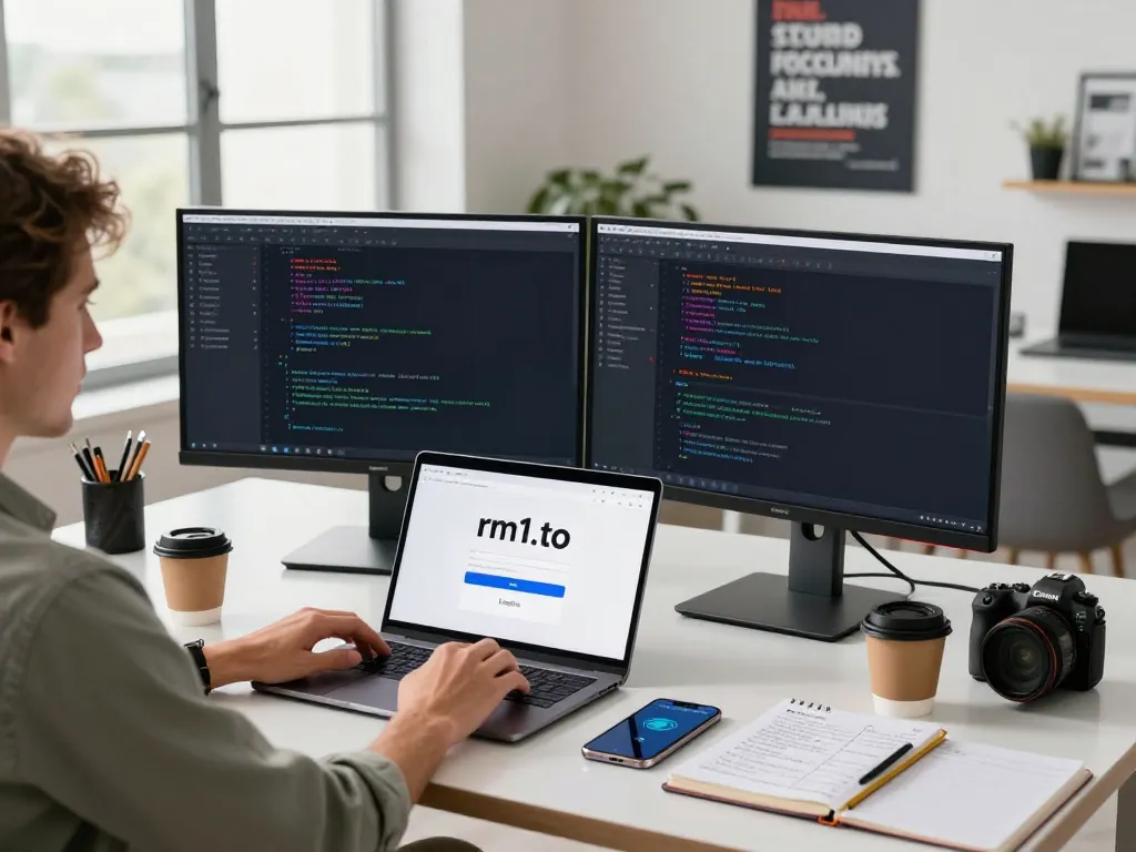 Secure rm1.to login page with user at modern workspace, dual monitors, focused atmosphere.