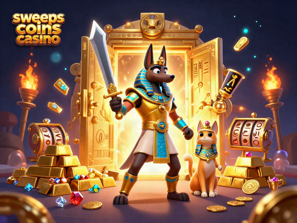 Experience the grandeur of a sweeps coins casino with Anubis and Bastet amidst roaring treasures.
