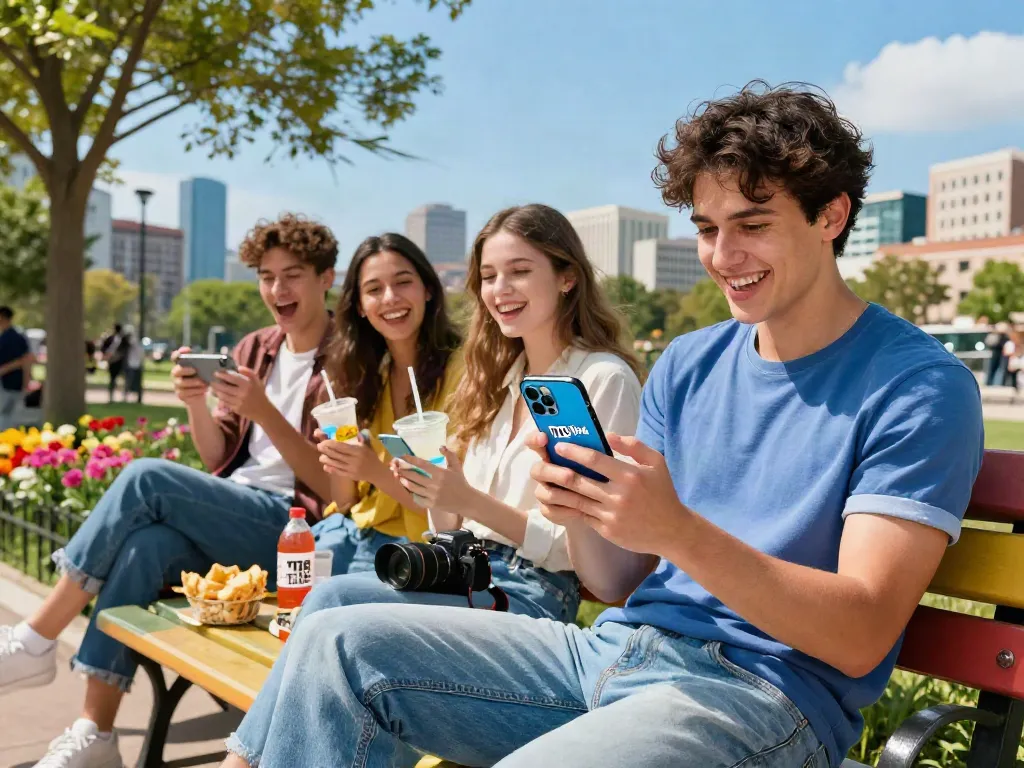 Engaged friends enjoying m88 link mobile gaming in a vibrant park setting.