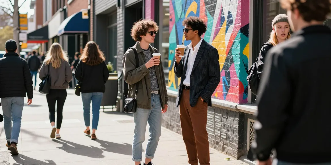 A stylish individual showcasing contemporary street style in an urban setting with vibrant art and architecture.