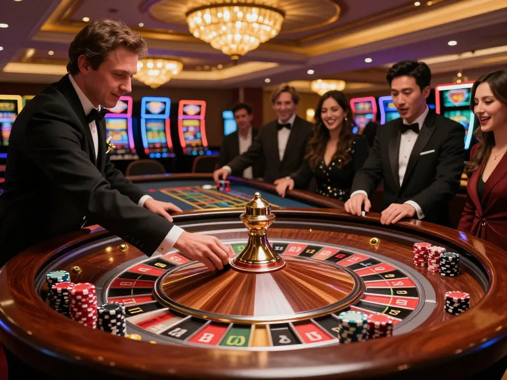 Players enjoy the thrill of FC88 roulette betting at a luxurious casino table.