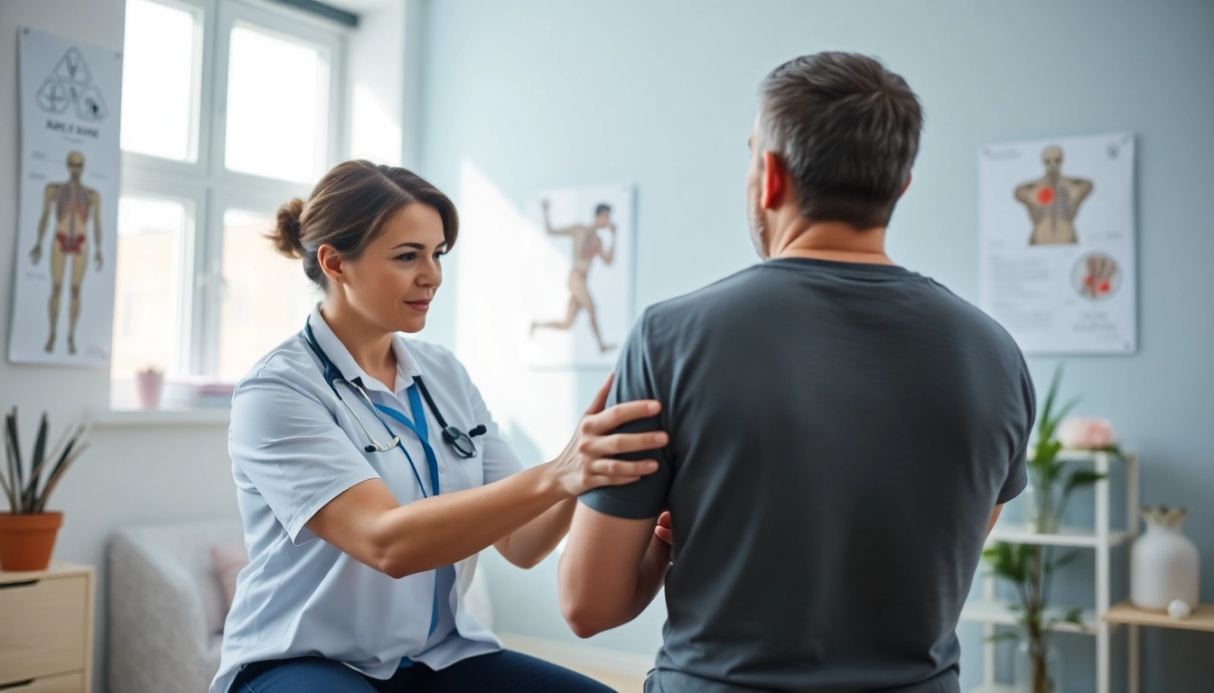 Engaging lower back pain treatment session with a physiotherapist guiding a patient.