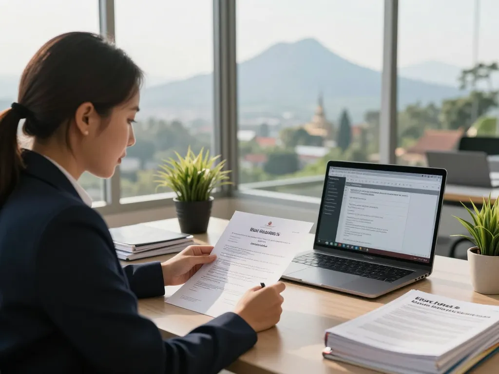 Translation Services in Chiang Mai with a professional translator reviewing documents in a bright office.