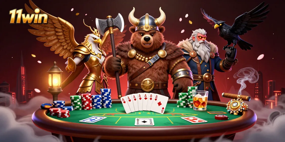 Engage with thrilling poker action at 11win featuring cartoon Viking characters and vibrant game elements.
