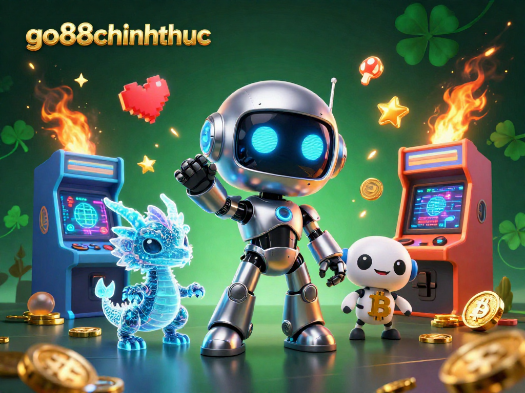 Experience the excitement of go88chinhthuc casino games with a vibrant 3D illustration featuring a robot and AI dragon.