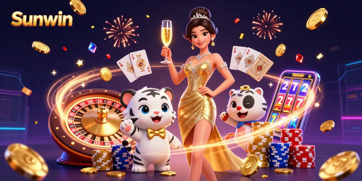 Win big with Sunwin at the exciting casino scene featuring glamorous characters and dynamic gaming elements.