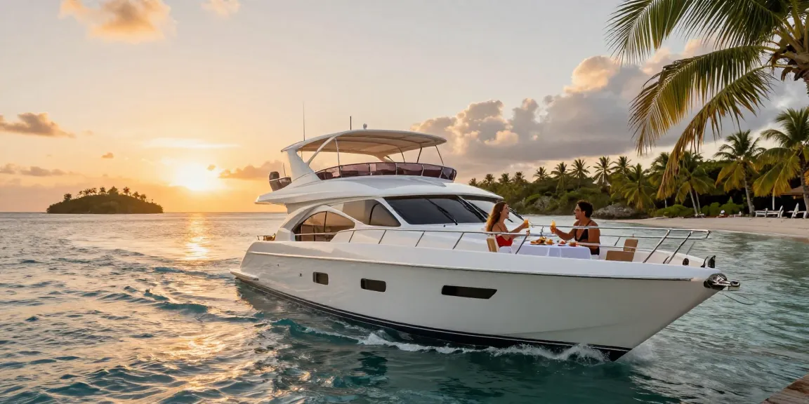 Boat rental Punta Cana experience with luxurious yacht at sunset.