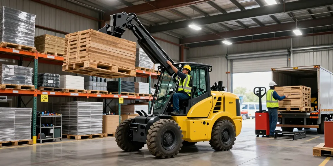 Best loader in Dallas operating efficiently in an industrial warehouse, showcasing electric telescopic wheel loader in action.