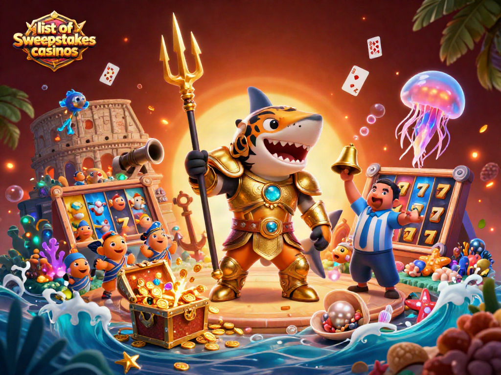 Engage with the lively scene of sweepstakes casinos featuring a cartoon tiger shark and thrilling elements.