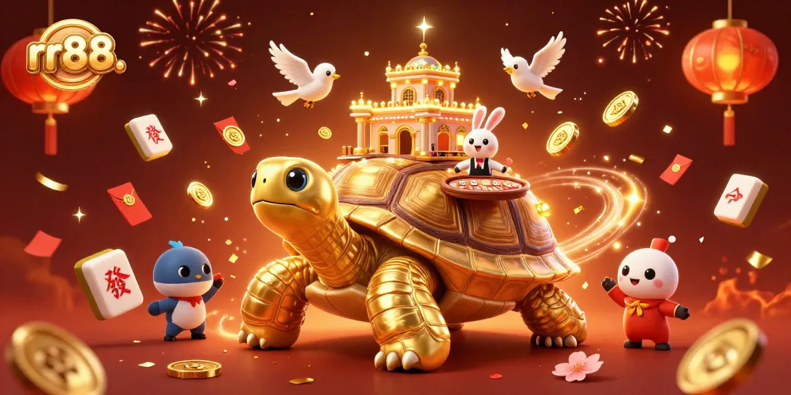 Experience thrilling wins with rr88.'s animated 3D casino adventure featuring a golden tortoise and vibrant celebration.