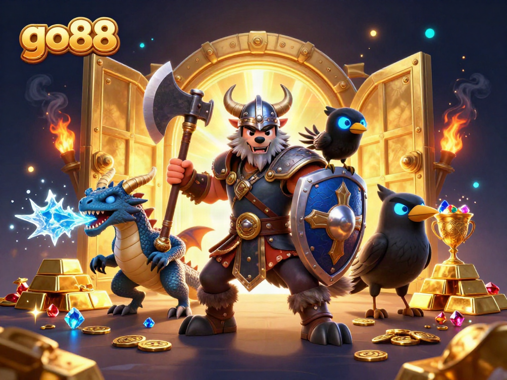 Engage with go88 in a vibrant 3D fantasy casino scene featuring a Viking warrior, dragon, and treasure.
