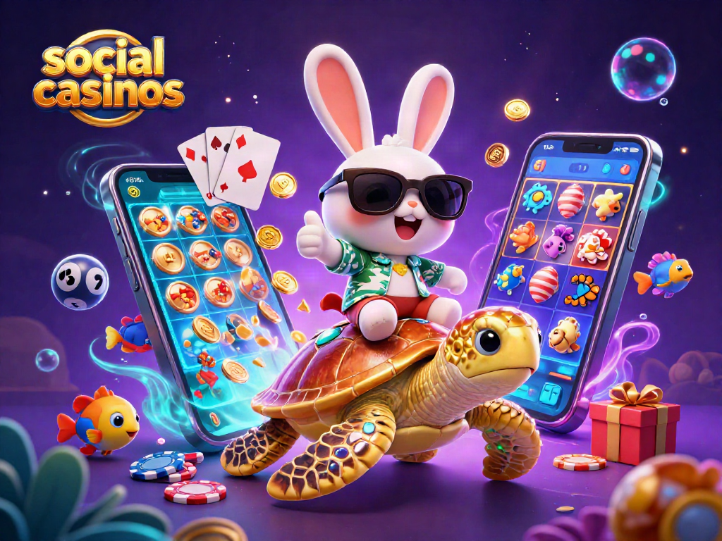 Experience social casinos with a lucky rabbit and sea turtle in an exciting 3D illustration.