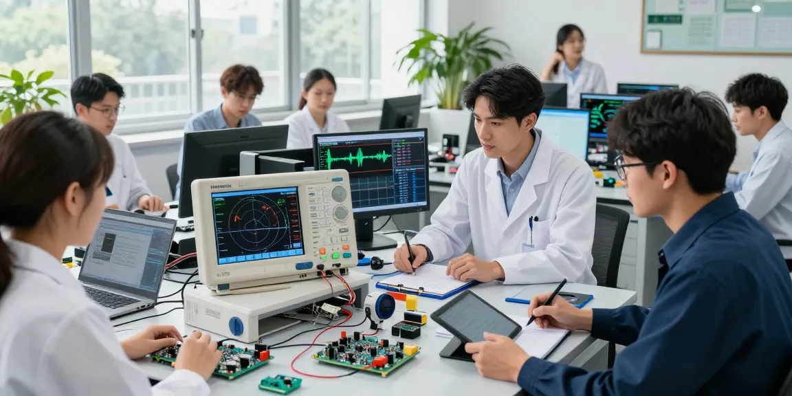Engineers collaborating over the Hanmatek touchscreen oscilloscope in a modern electronics lab setting.