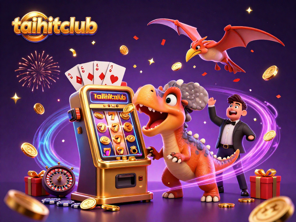 Experience jackpot excitement at taihitclub with a pachycephalosaurus and casino characters amidst coins and games.