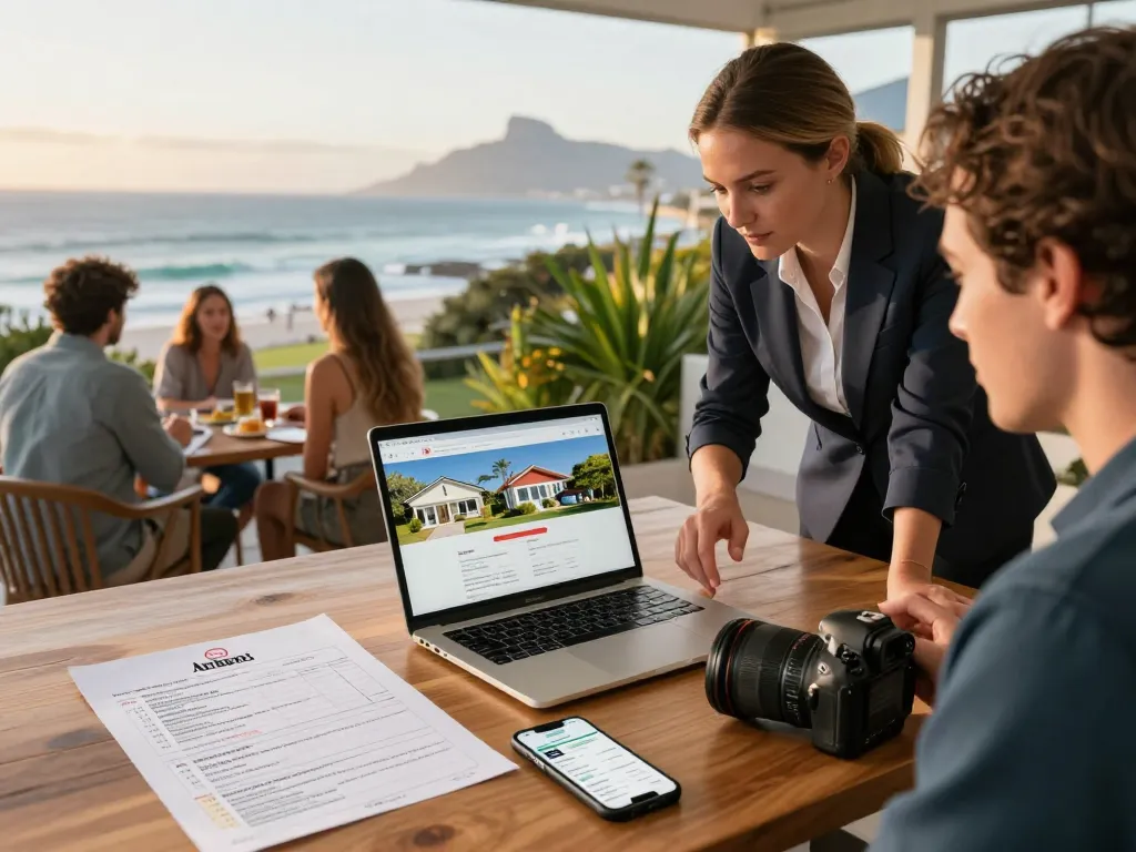Airbnb management Cape Town scene with property manager discussing strategies with homeowners.
