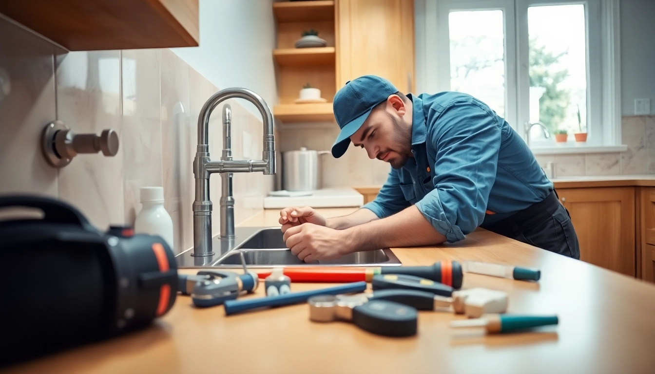 Find a trusted plumber near me fixing a leaky sink in a cozy kitchen setting.