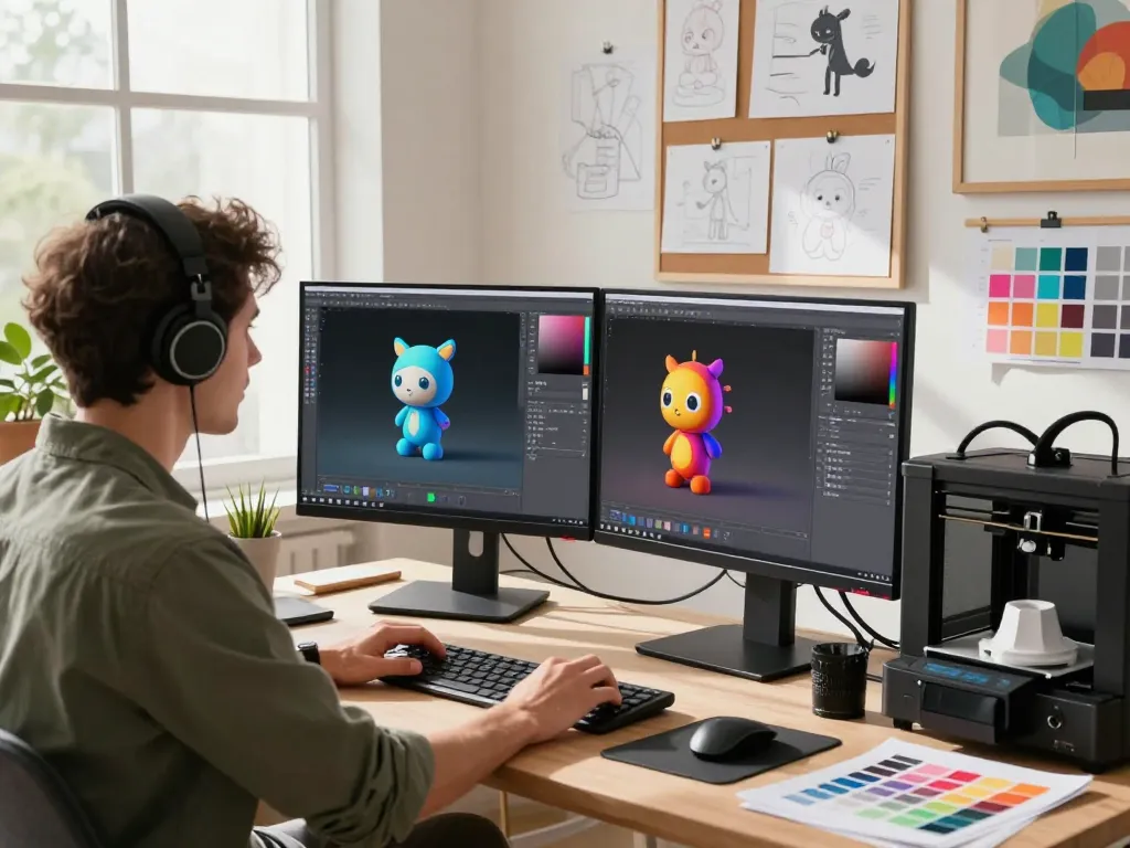 Artist using an image to 3D model generator in a creative workspace, focusing on vibrant designs and digital tools.