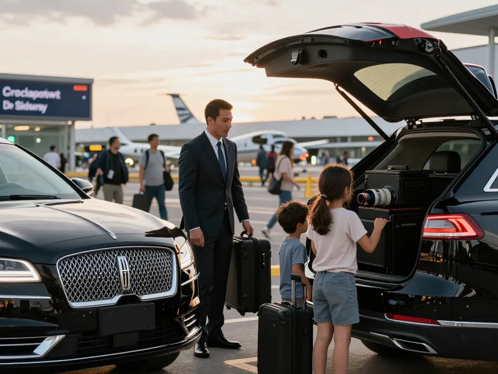 Private airport transportation Midway with a chauffeur assisting a family outside a Lincoln Continental at Chicago Midway Airport.