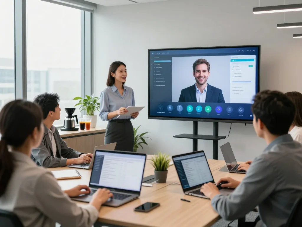 AI interviewer in a modern tech office setting evaluating diverse candidates during a recruitment process.
