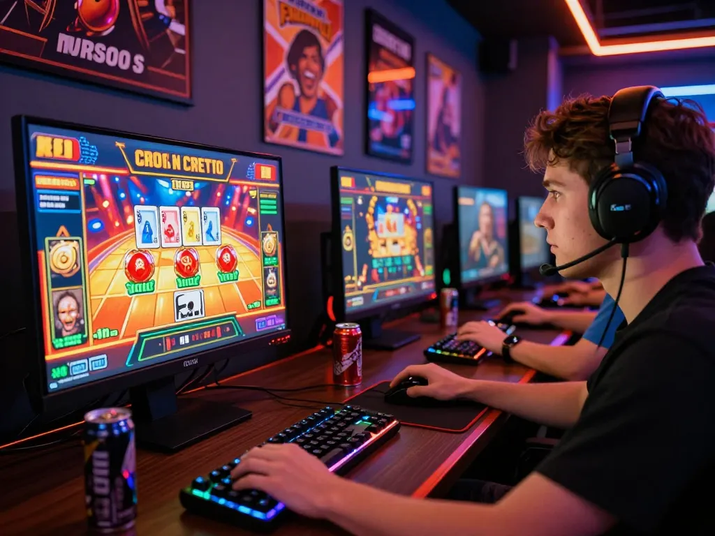 Bomwin gaming experience at a vibrant online casino desktop setup featuring colorful graphics and gaming peripherals.